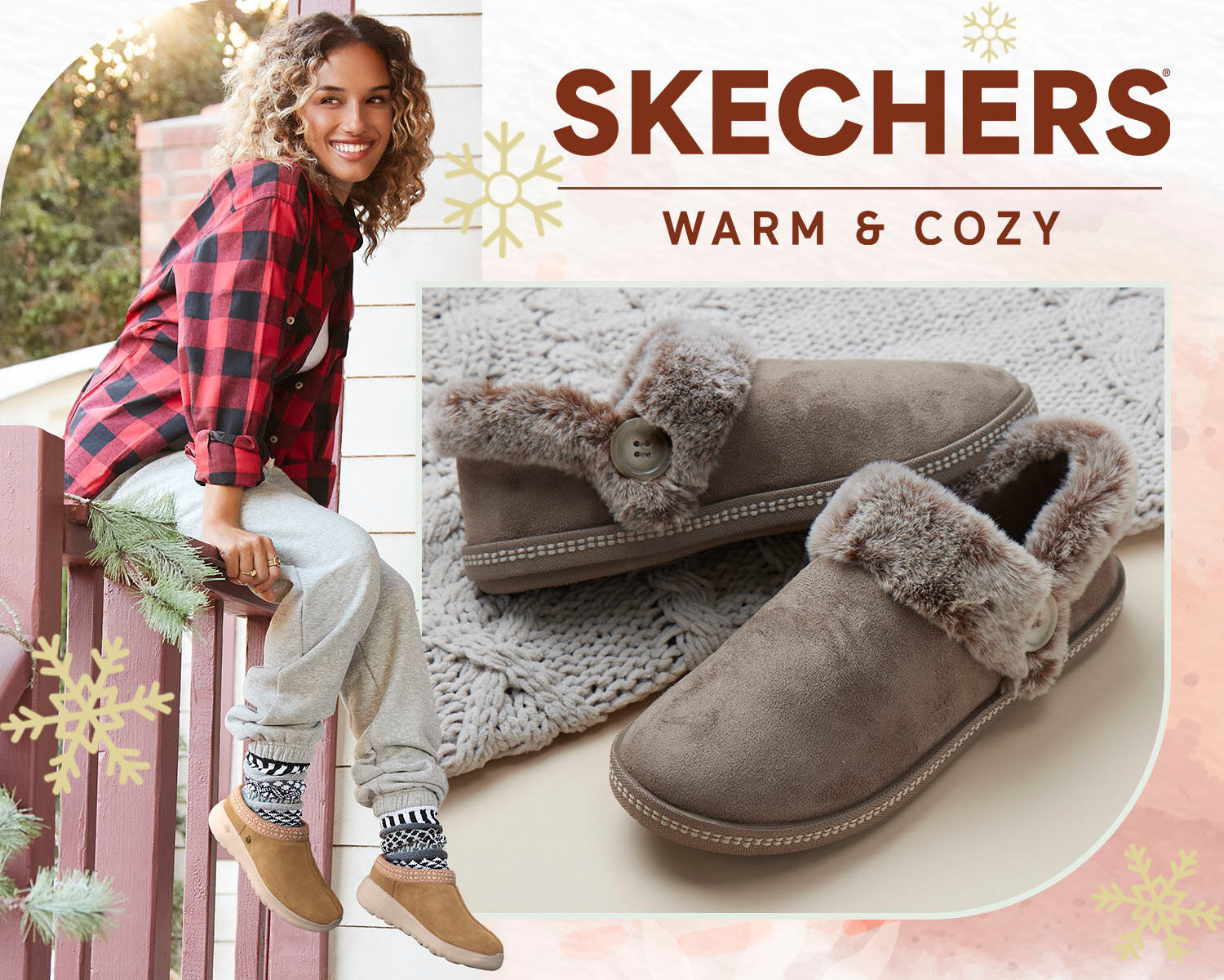 Skechers slippers banner with woman  in Skechers boots